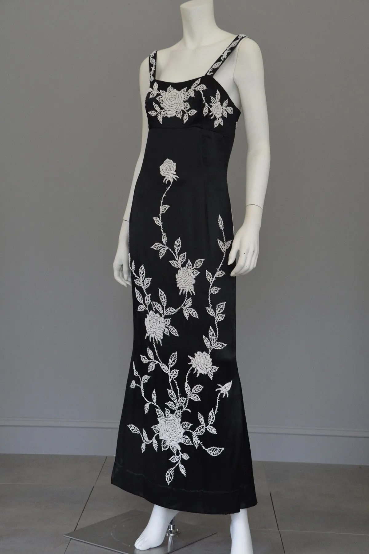 1960's 70's Silk Sheath Dress with Intricate Seed Bead Floral Design