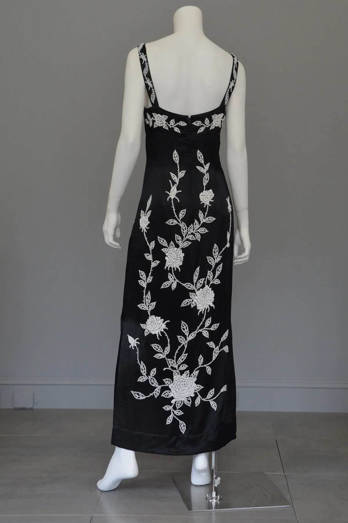 1960's 70's Silk Sheath Dress with Intricate Seed Bead Floral Design