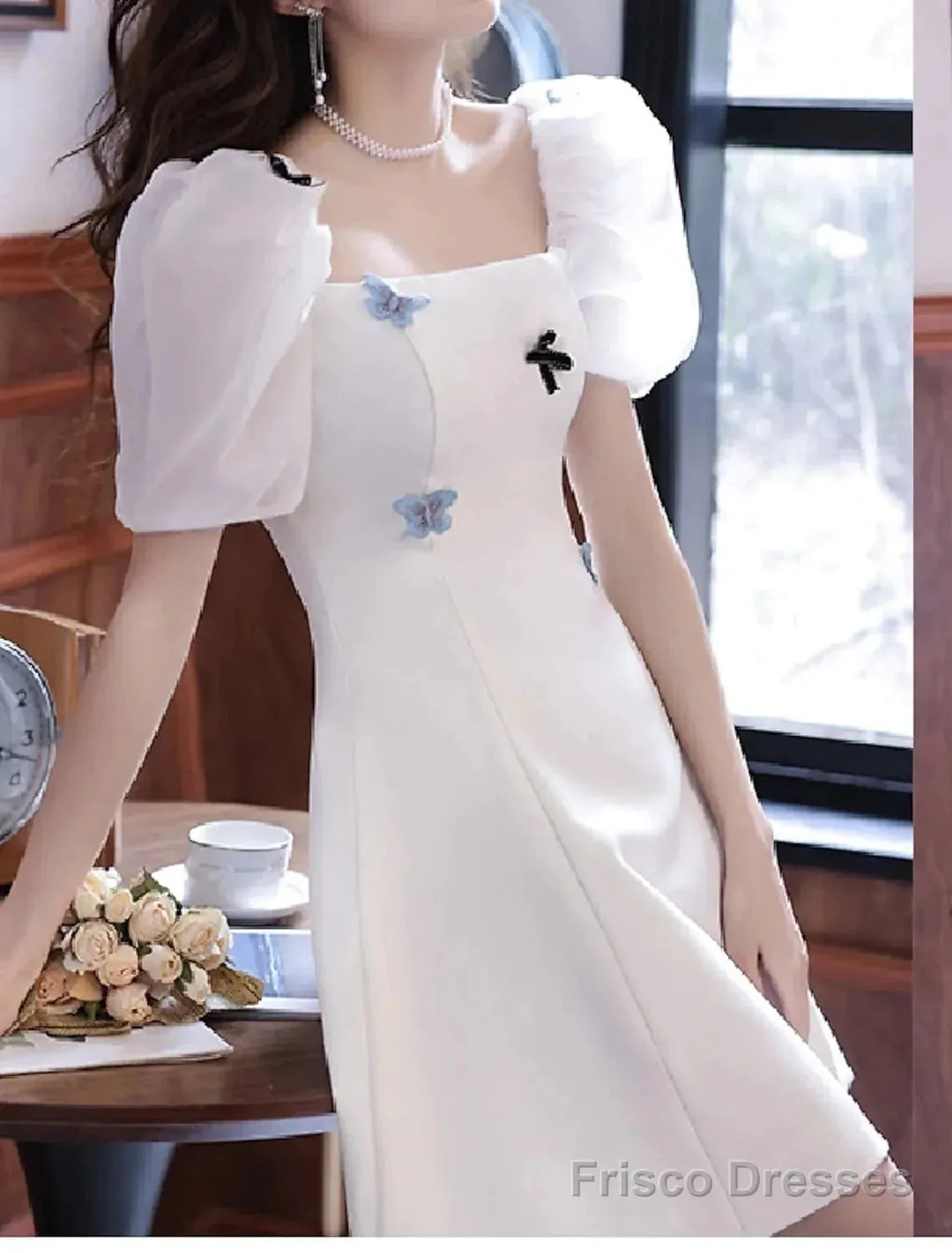 A-Line Bridesmaid Dress Square Neck Short Sleeve Elegant Short / Mini Satin With Bow(S) / Pleats
