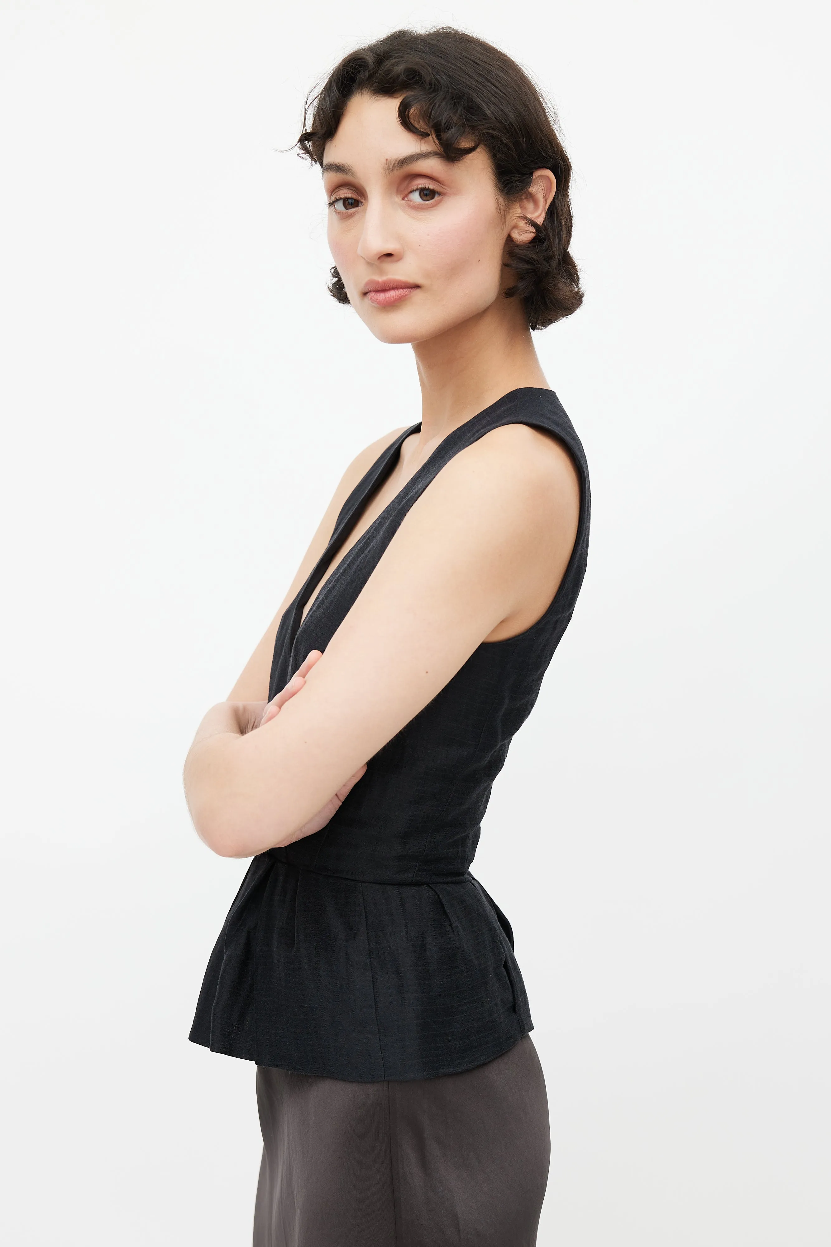 Black Linen Peplum Top