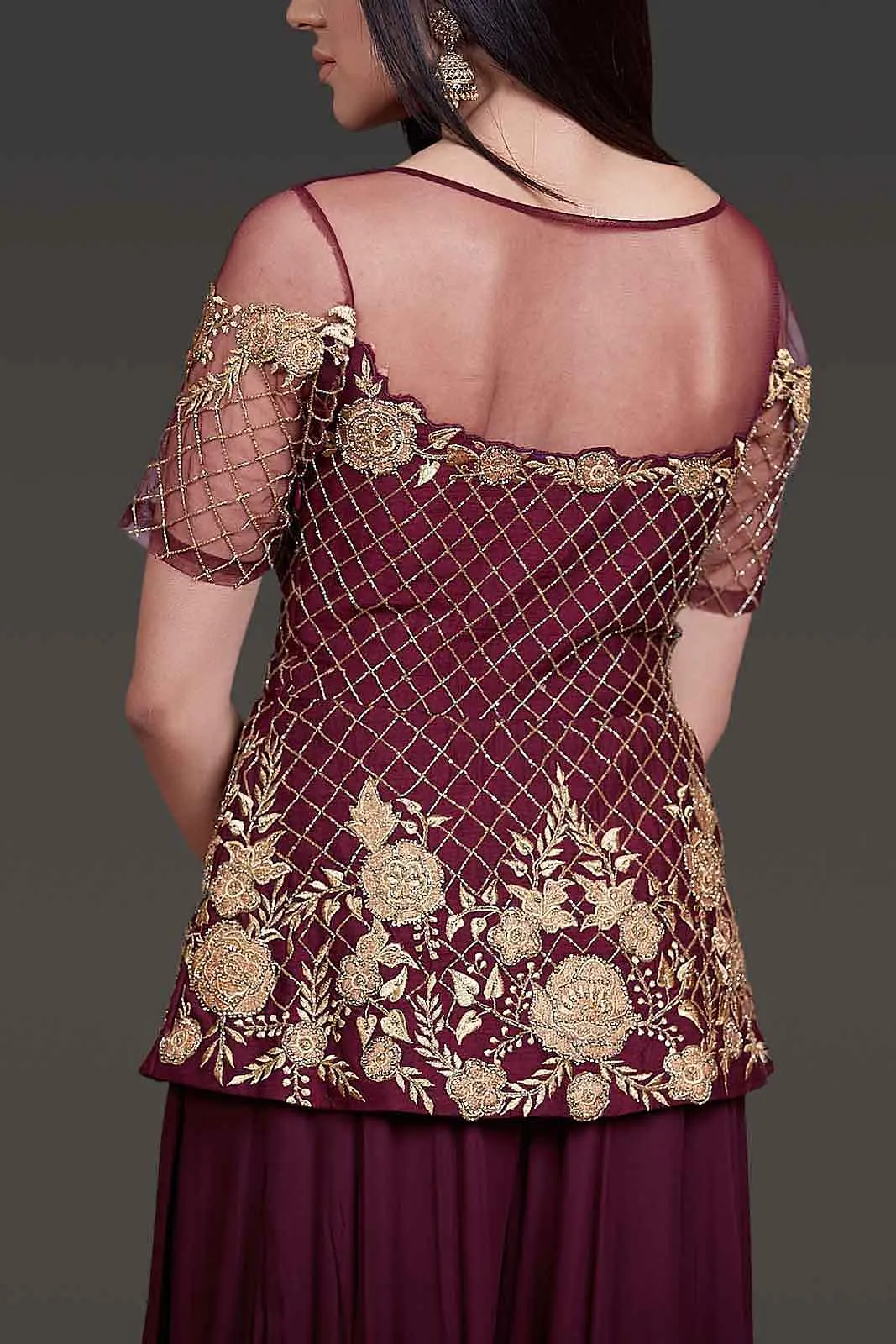 Burgundy Peplum with Sharara Paired With Net Scarf