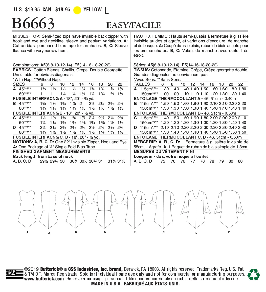 Butterick Pattern B6663 Misses' Top/Vest