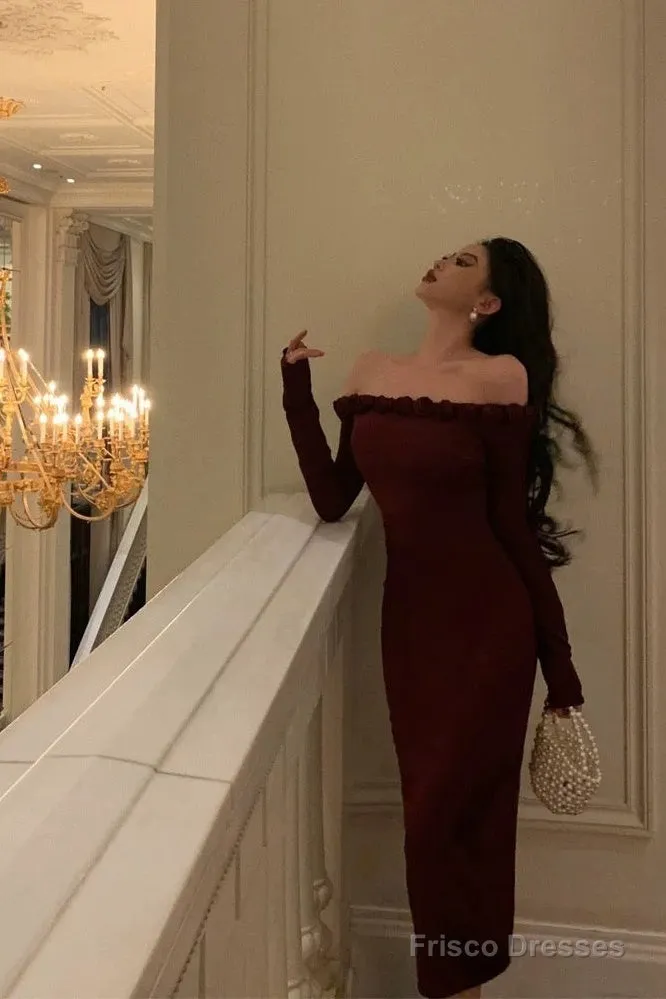 Classy Sheath Off The Shoulder Burgundy Long Sleeves Prom Dresses Birthday Outfits Evening Gown