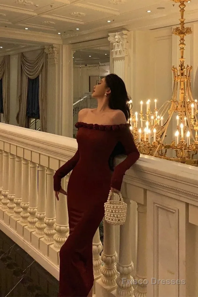 Classy Sheath Off The Shoulder Burgundy Long Sleeves Prom Dresses Birthday Outfits Evening Gown