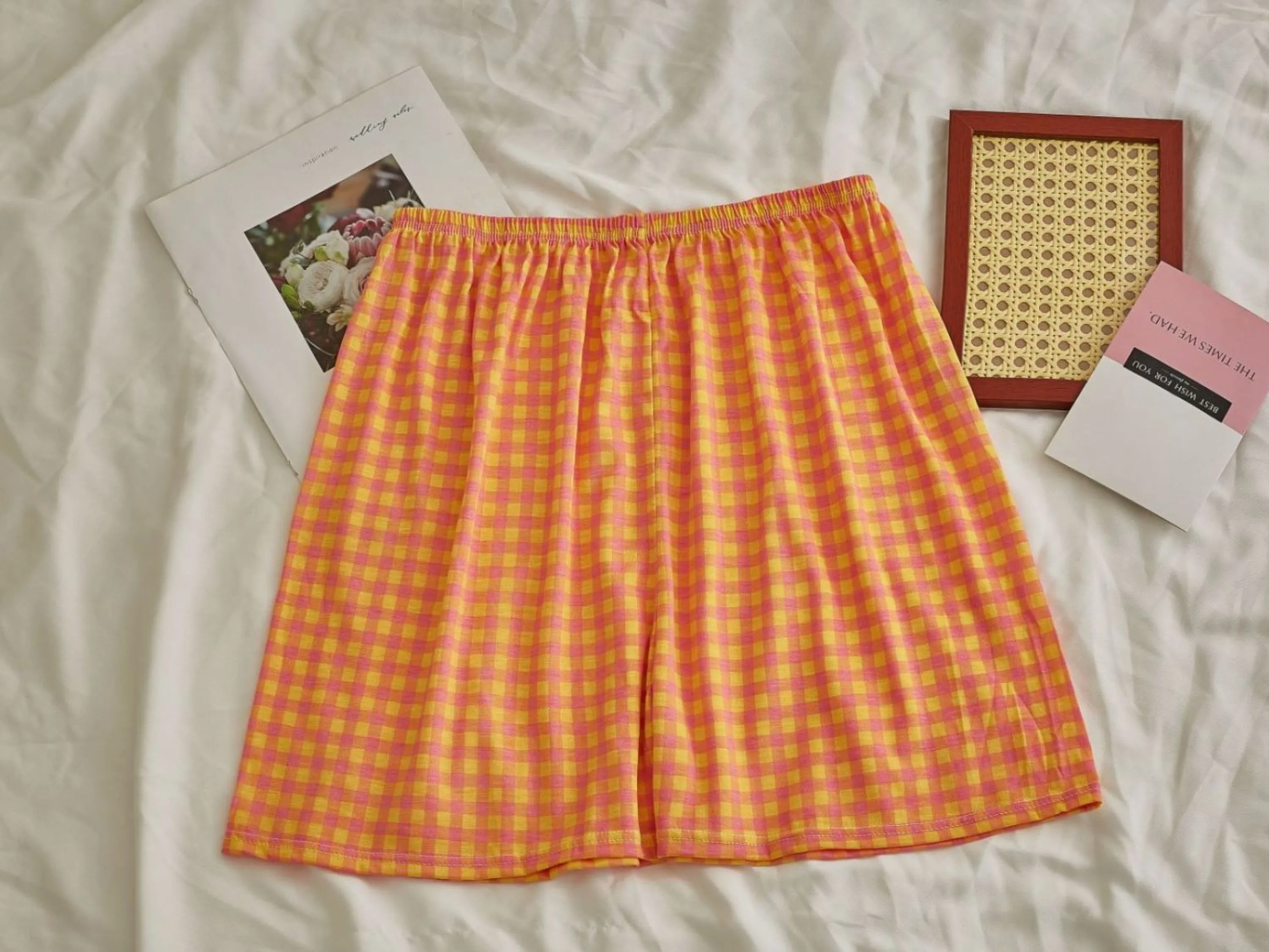 Comfy Padded Tank Shorts Set / Gray Top   Purple Gingham