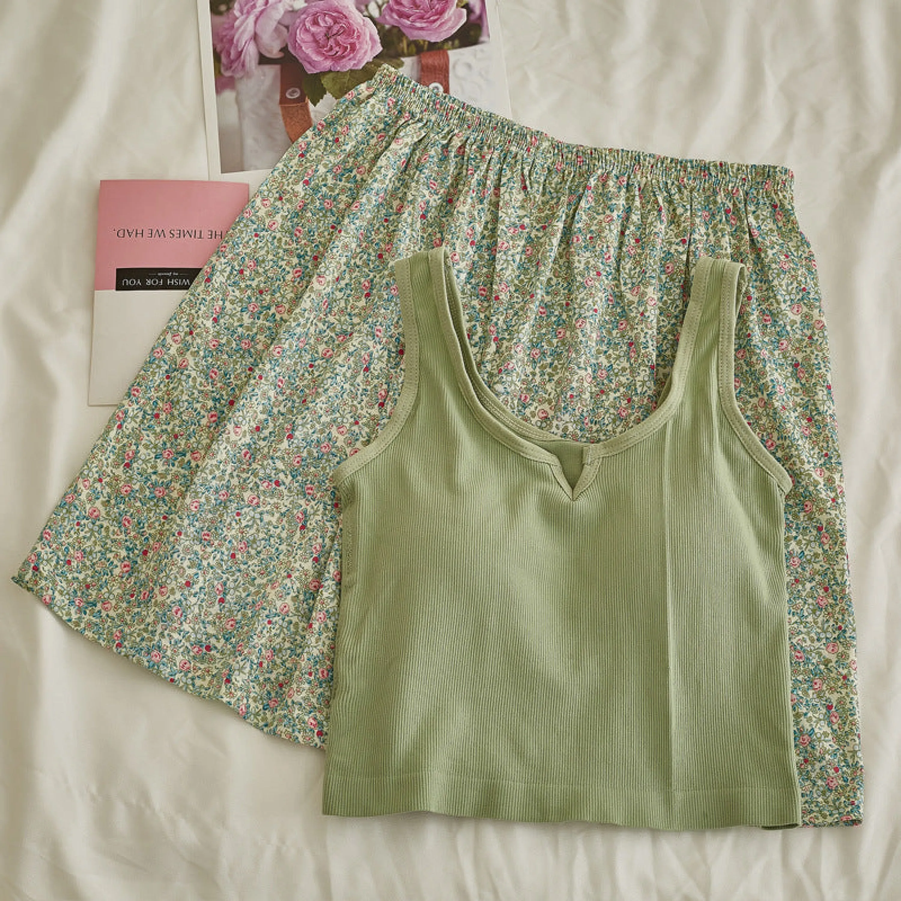Comfy Padded Tank Shorts Set / Gray Top   Purple Gingham