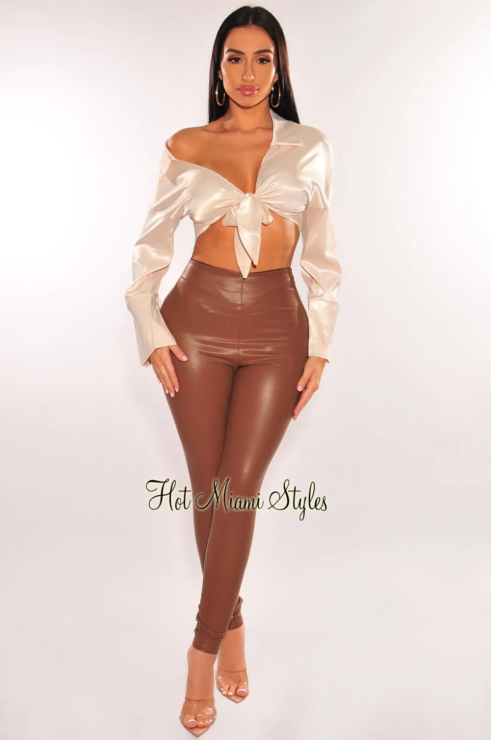 Cream Satin Off The Shoulder Collared Tie Up Long Sleeve Top