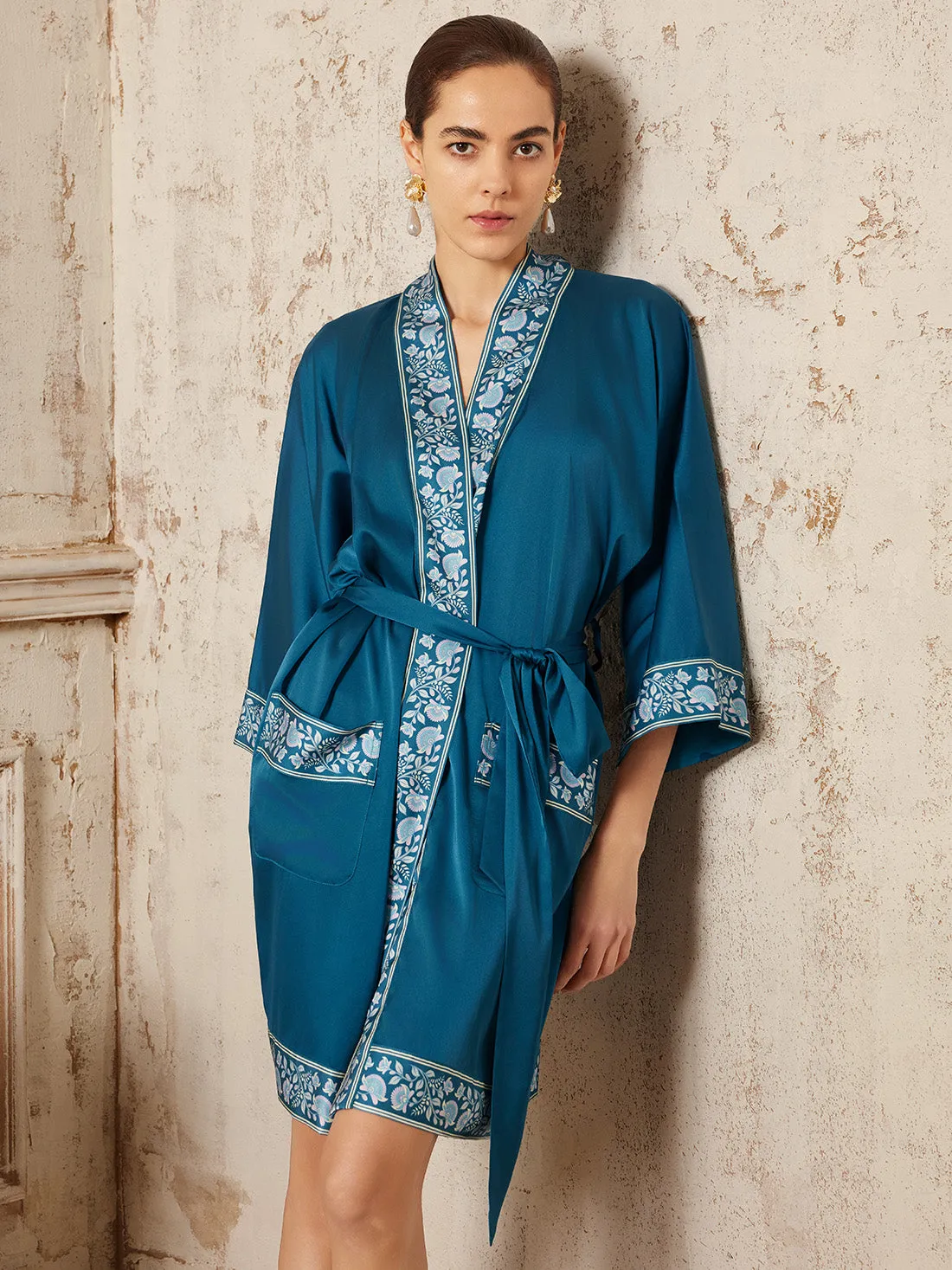 Dark Blue Embellished Flower Short Robe with Pockets