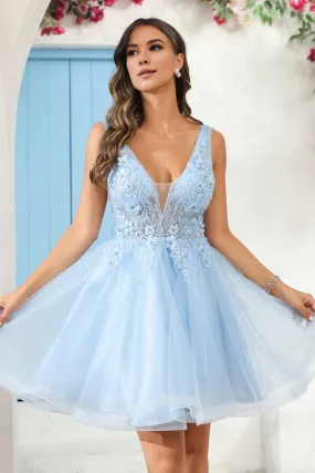 Elegant A-Line Evening Dress Deep V Neck Prom Dresses Floral Applique See-through Mini Dress