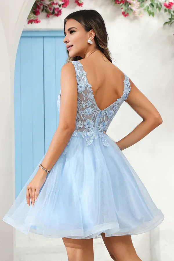 Elegant A-Line Evening Dress Deep V Neck Prom Dresses Floral Applique See-through Mini Dress