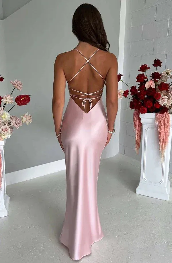 Elegant Evening Dress Halter Neck Pink Prom Dresses Sheath Satin Evening Dress Formal Women's Dresses
