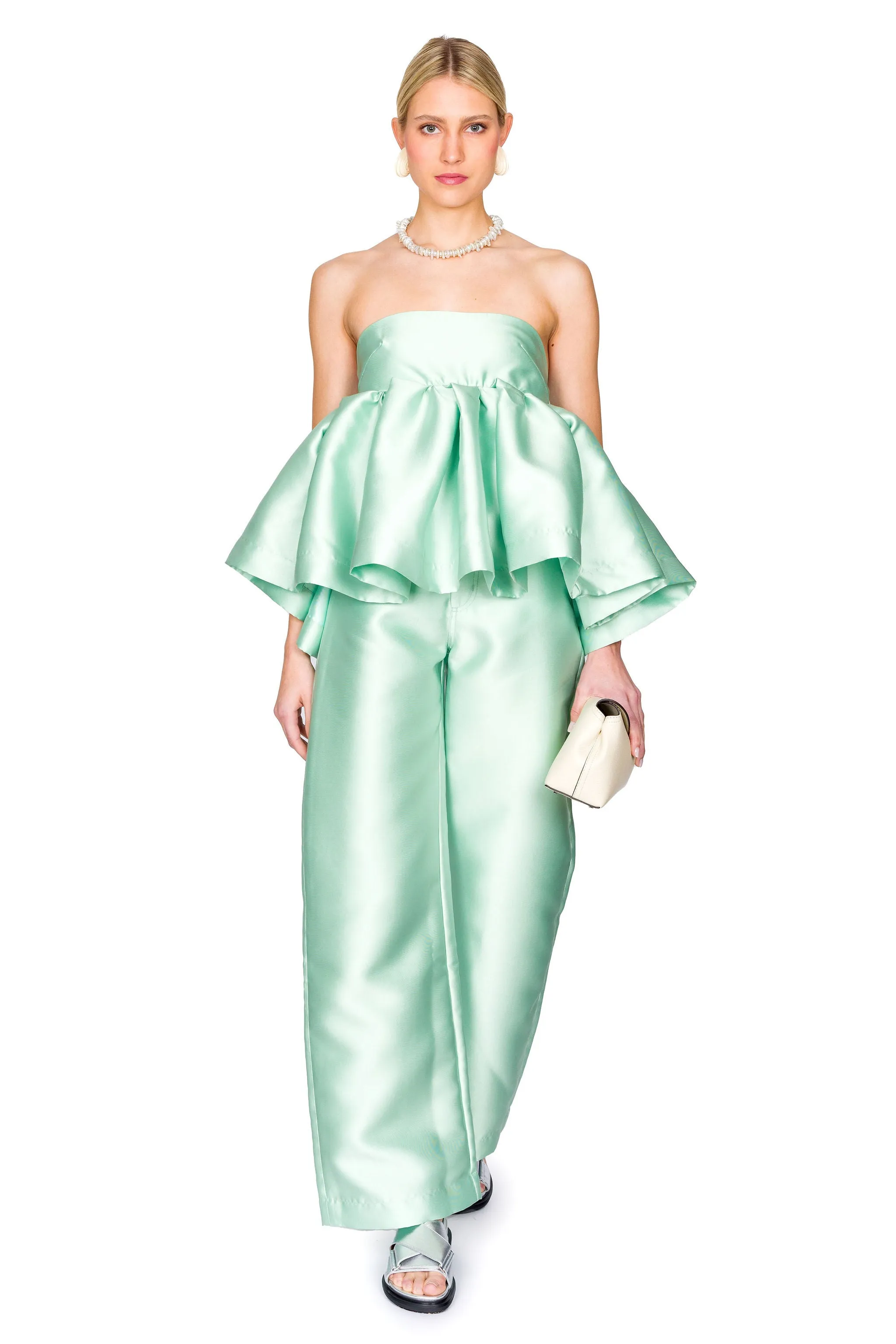 Heavy Satin Strapless Peplum Knot Back Top
