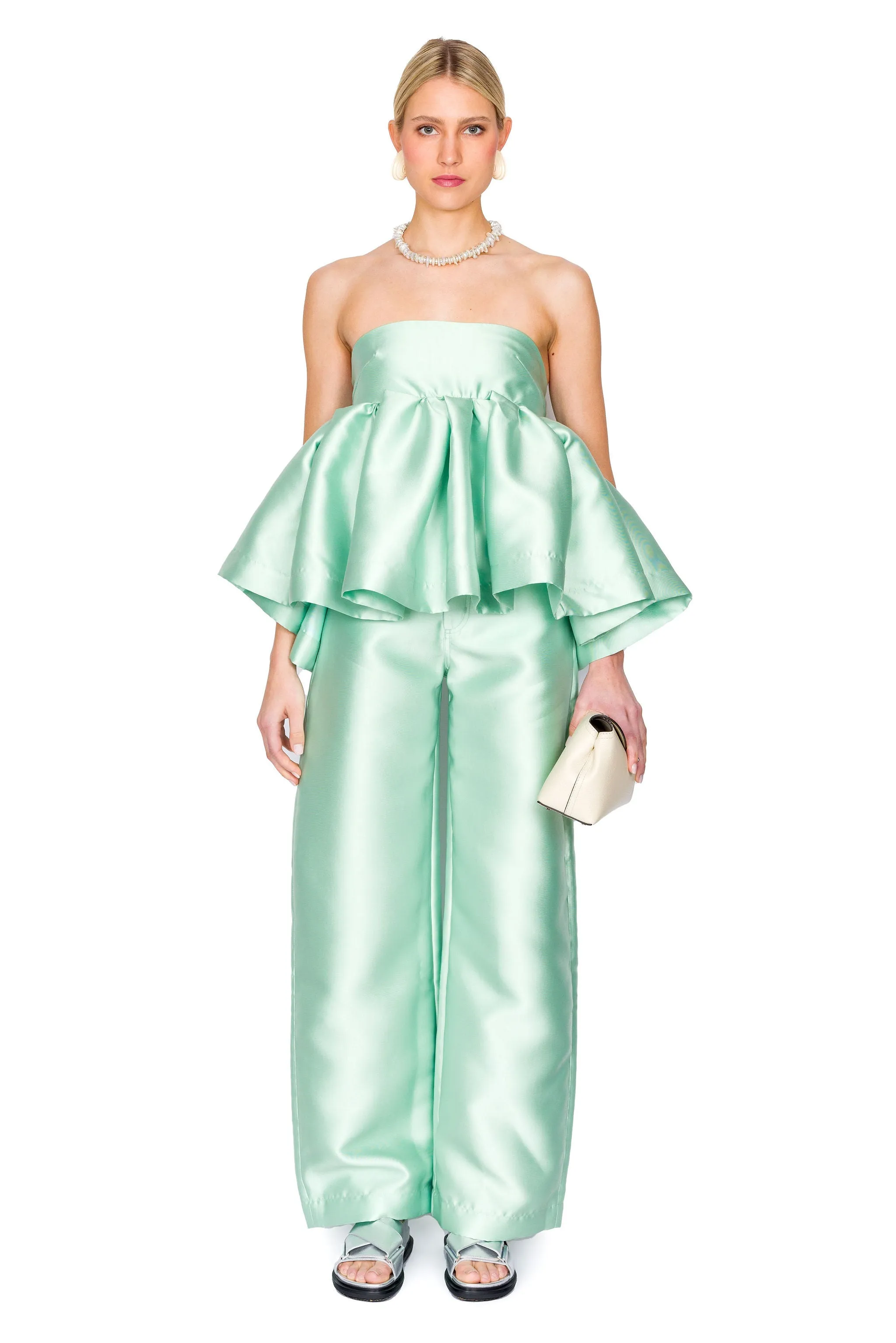 Heavy Satin Strapless Peplum Knot Back Top
