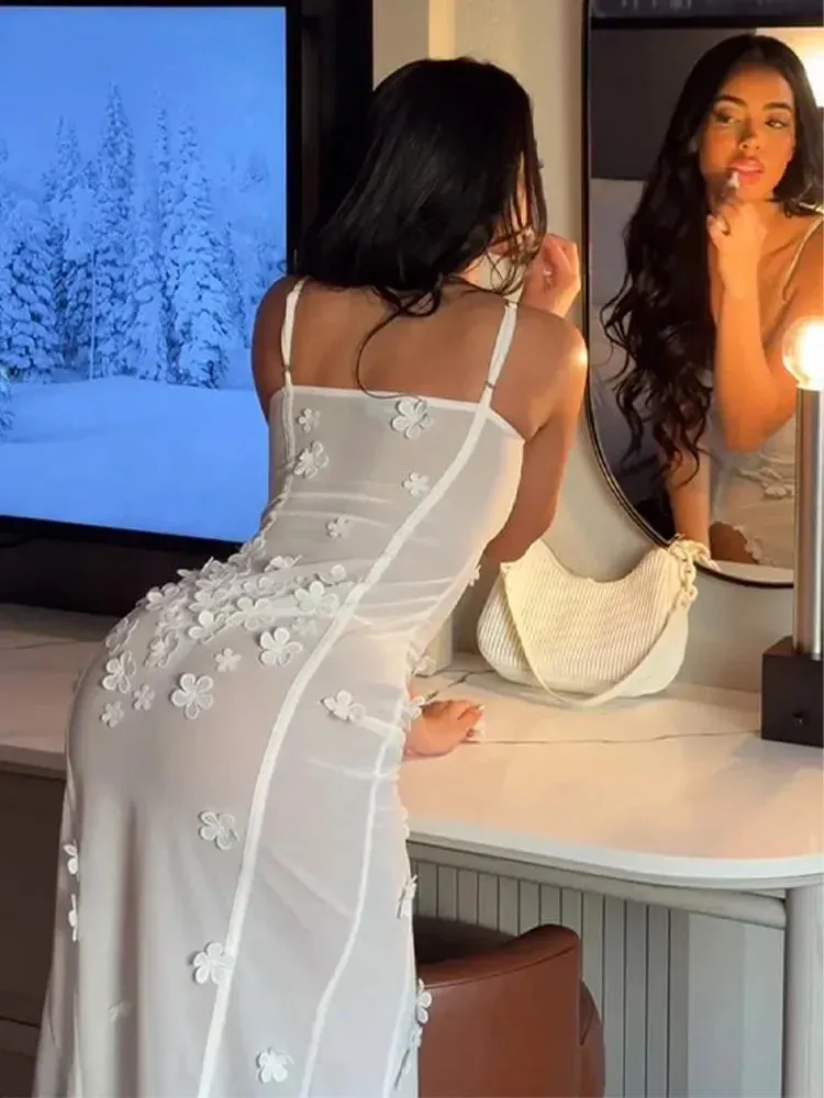 hulianfu Elegant 3d Flower Spaghetti Strap Maxi Dress For Women Sexy Backless Off Shoulder Split Slim Dresses Lady Chic Party Club Robes