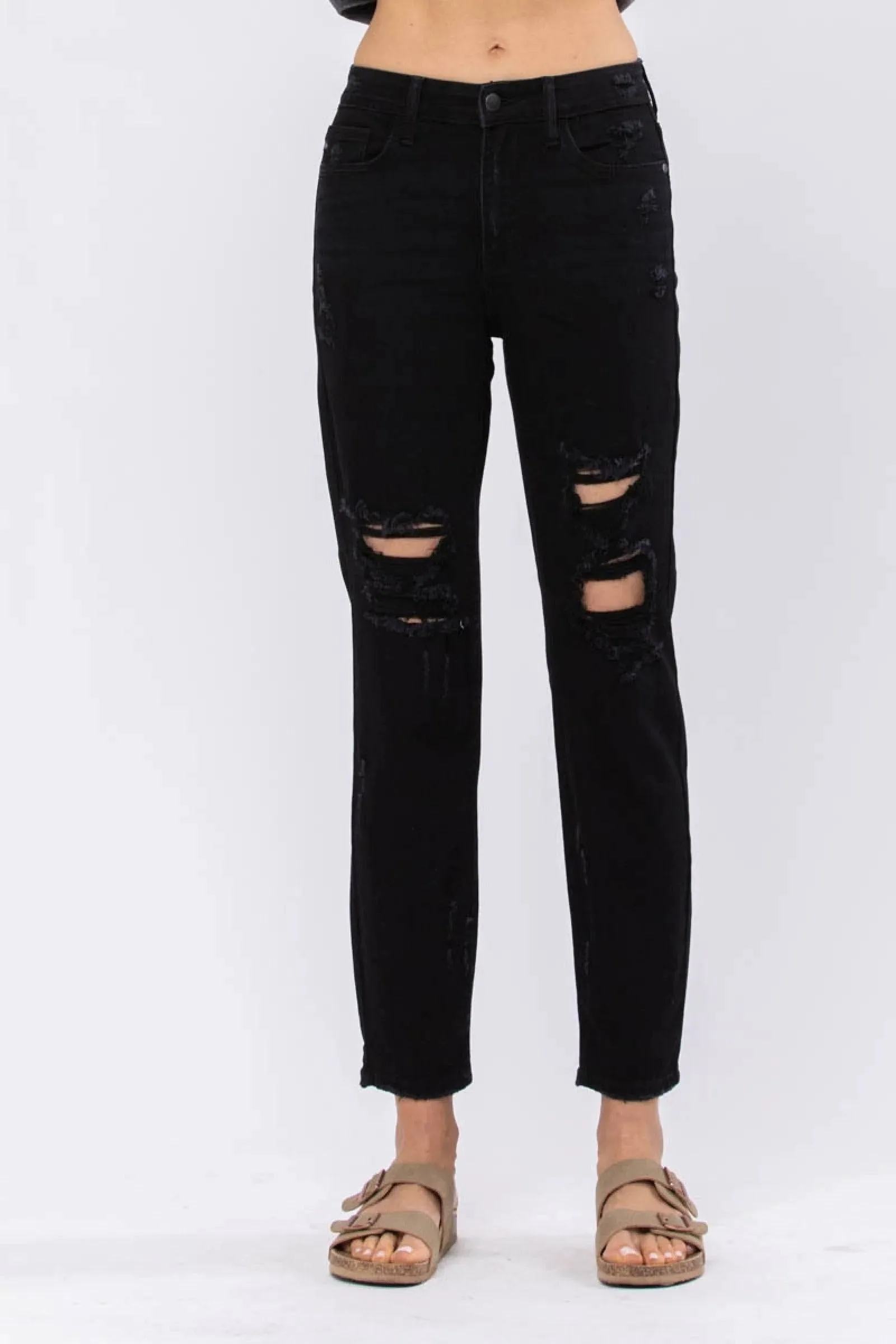 Judy Blue Black High Waist Destroyed Boyfriend Denim Jeans – Sleek Denim Boutique