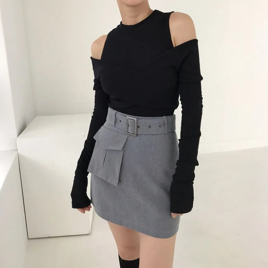 [Korean Style] Cut-off Shoulder Effect Cotton Wrap Tee