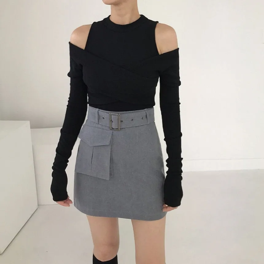 [Korean Style] Cut-off Shoulder Effect Cotton Wrap Tee