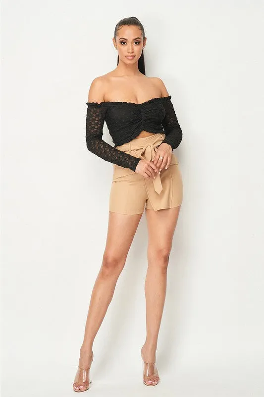 LUXE LACE RUFFLED HEM OFF SHOULDER CROPPED TOP