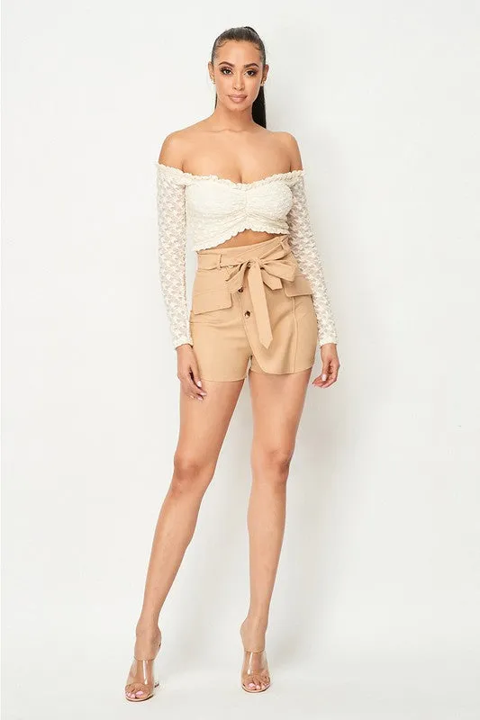 LUXE LACE RUFFLED HEM OFF SHOULDER CROPPED TOP