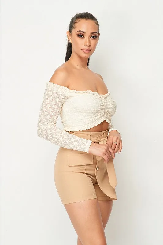 LUXE LACE RUFFLED HEM OFF SHOULDER CROPPED TOP