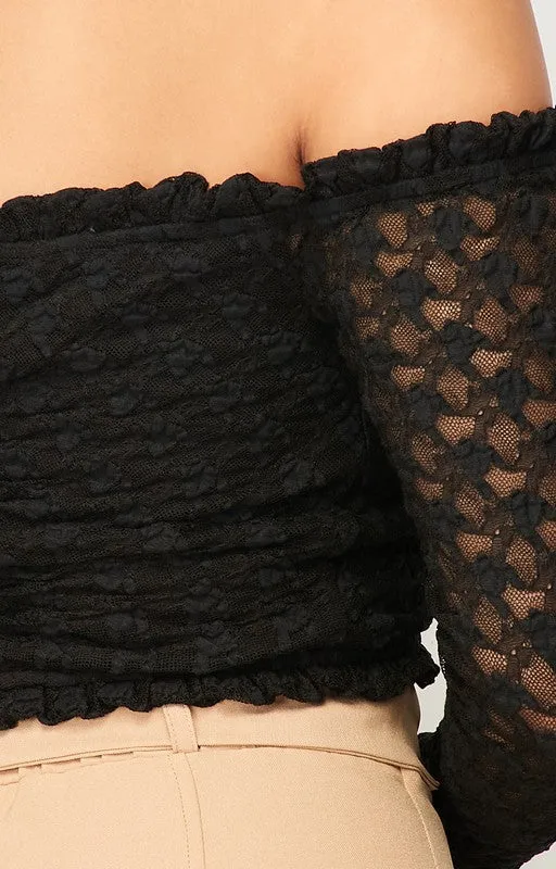 LUXE LACE RUFFLED HEM OFF SHOULDER CROPPED TOP