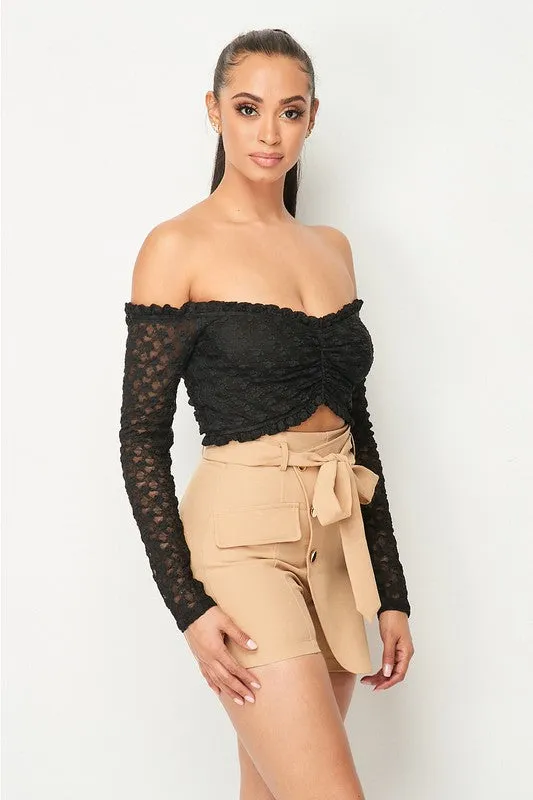 LUXE LACE RUFFLED HEM OFF SHOULDER CROPPED TOP