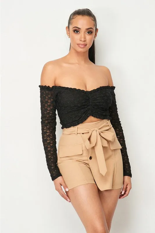 LUXE LACE RUFFLED HEM OFF SHOULDER CROPPED TOP