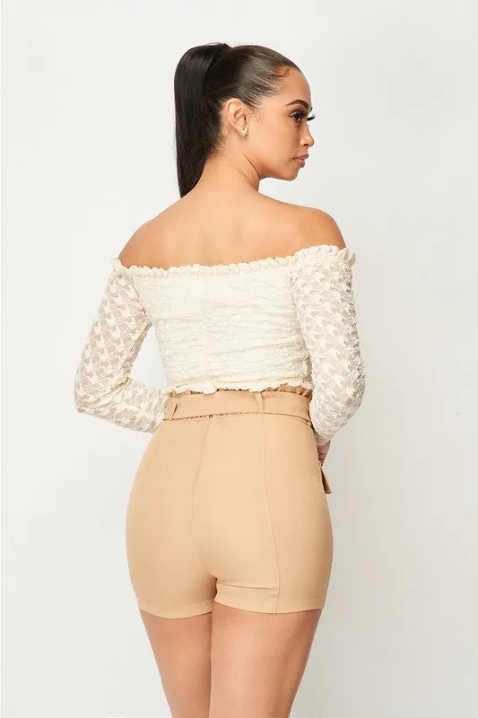 LUXE LACE RUFFLED HEM OFF SHOULDER CROPPED TOP