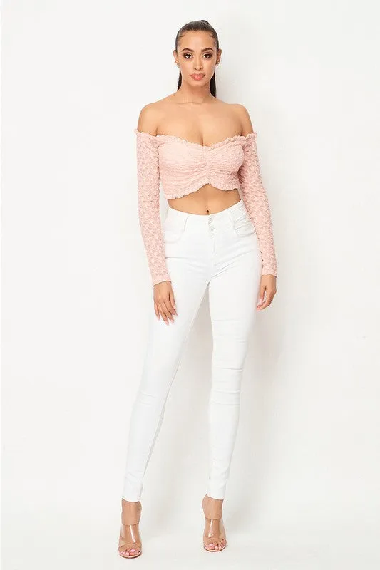 LUXE LACE RUFFLED HEM OFF SHOULDER CROPPED TOP