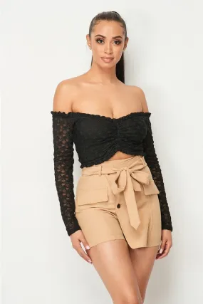 LUXE LACE RUFFLED HEM OFF SHOULDER CROPPED TOP