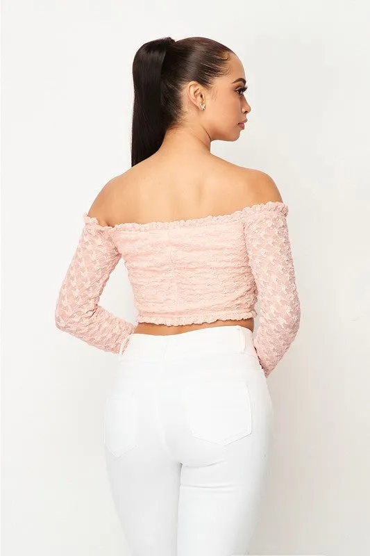 LUXE LACE RUFFLED HEM OFF SHOULDER CROPPED TOP