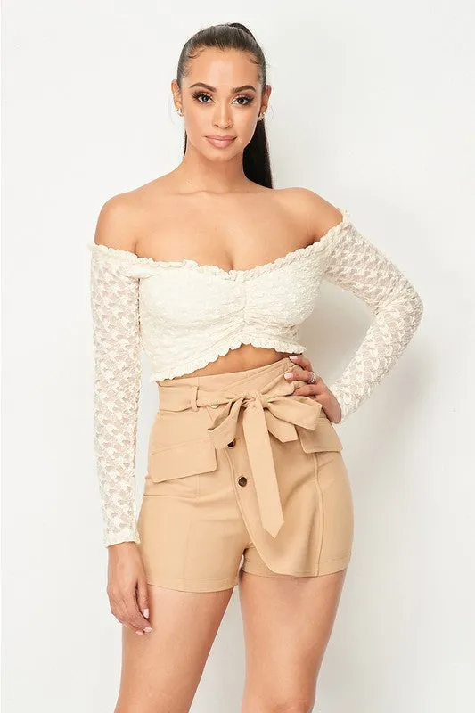LUXE LACE RUFFLED HEM OFF SHOULDER CROPPED TOP