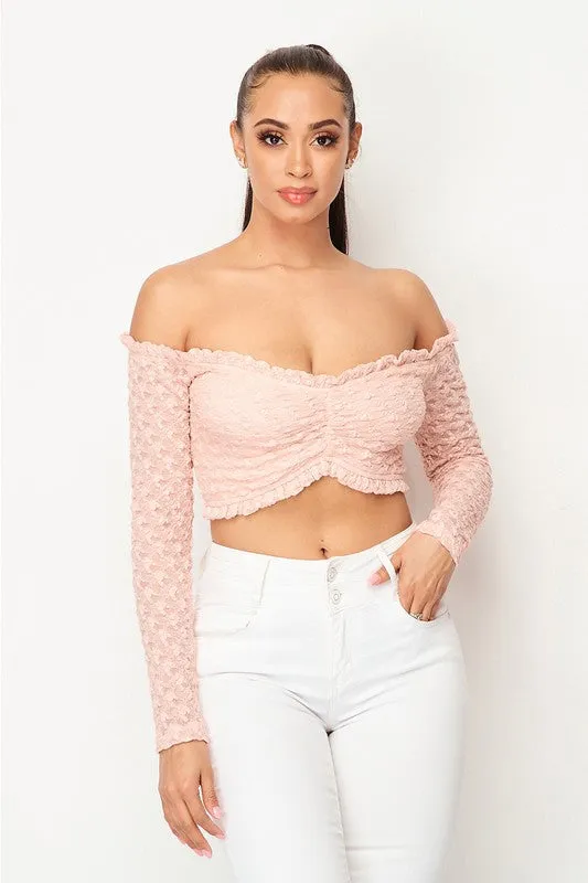 LUXE LACE RUFFLED HEM OFF SHOULDER CROPPED TOP