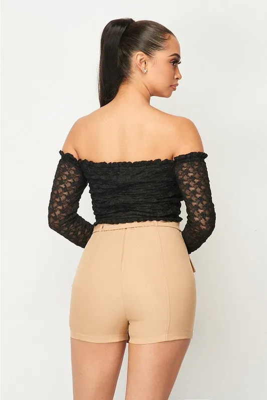 LUXE LACE RUFFLED HEM OFF SHOULDER CROPPED TOP
