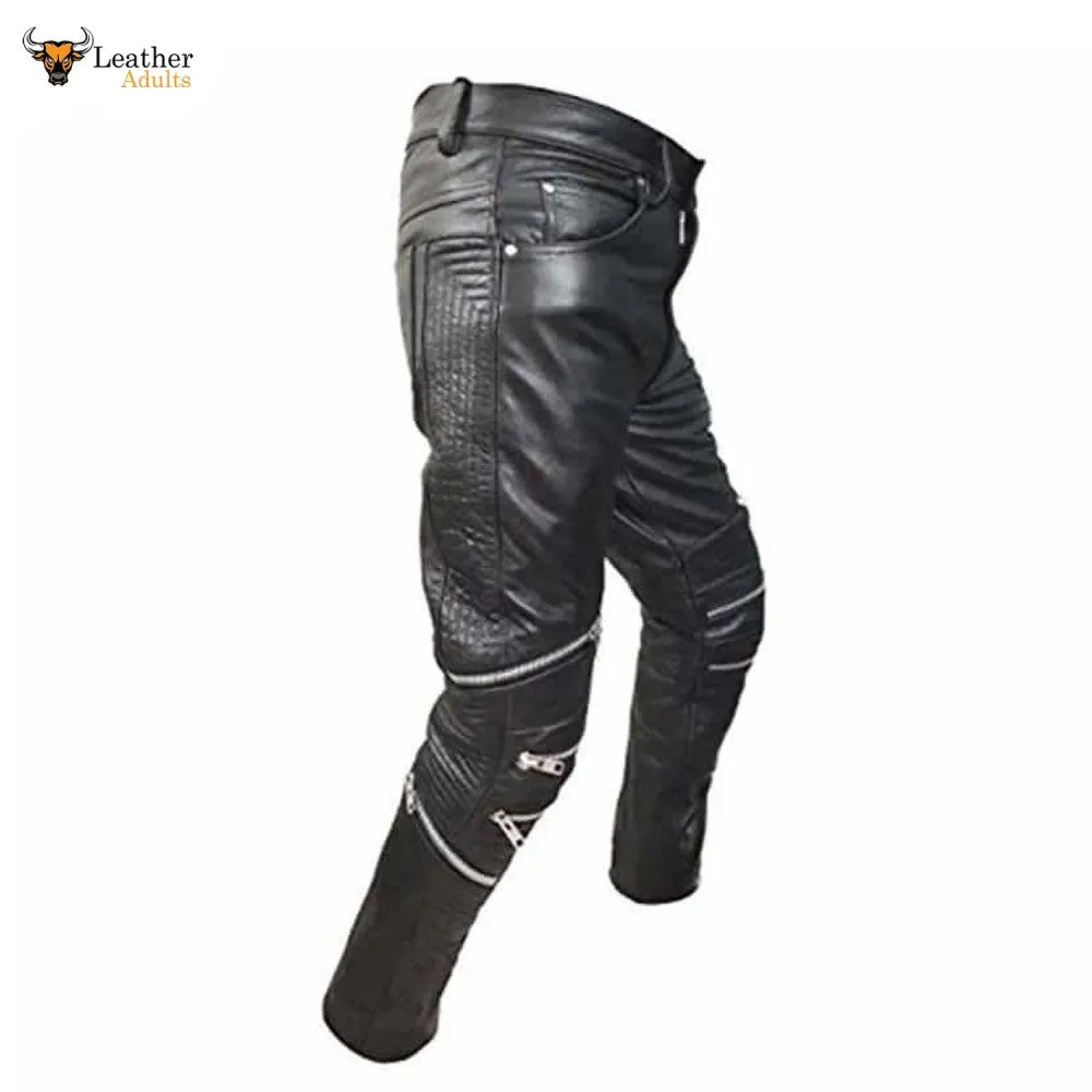 Mens Black Real Cowhide Leather Motorcycle Trousers Bikers Jeans Bikers Pants