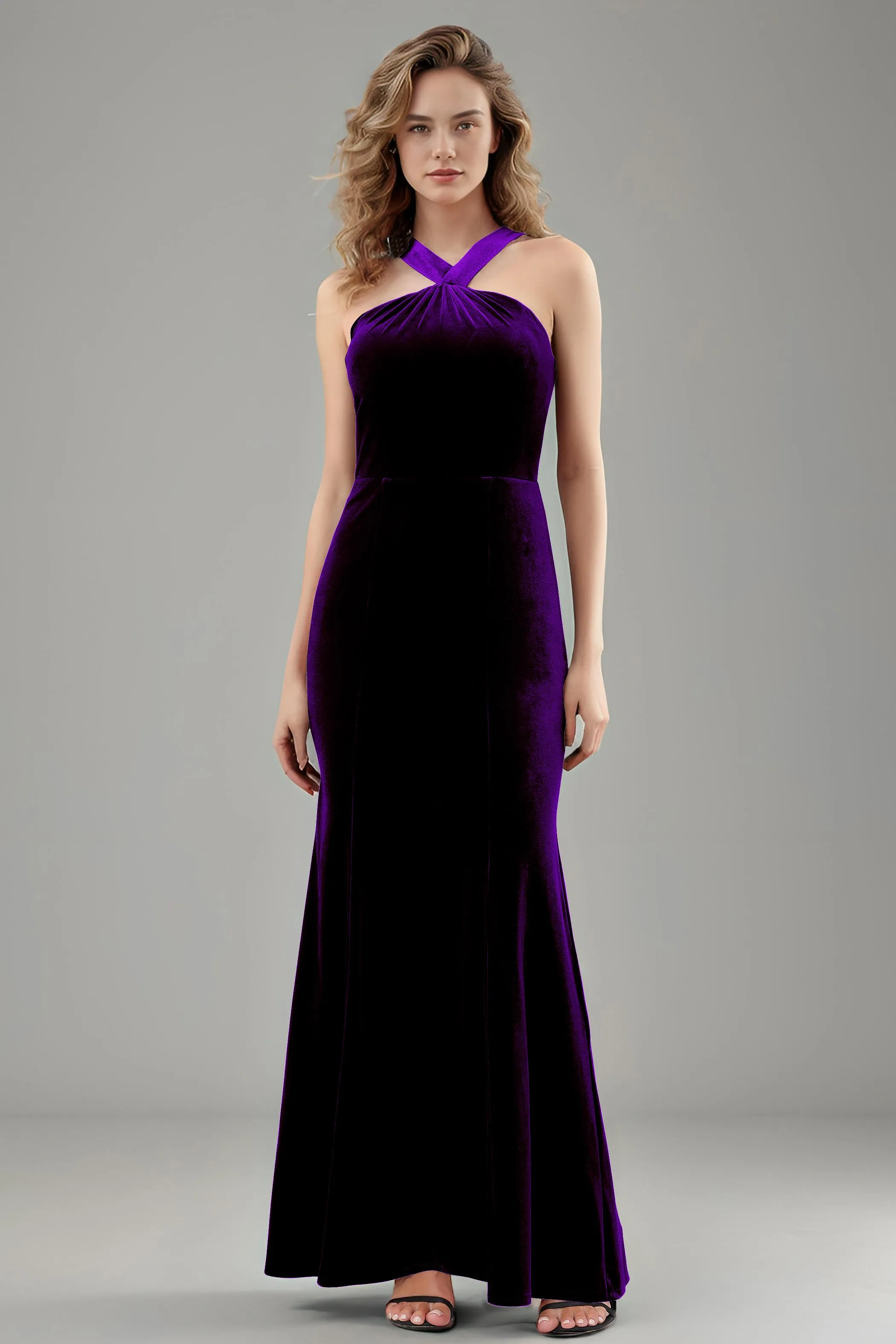 Sheath Halter Sleeveless Backless Velvet Bridesmaid Dresses
