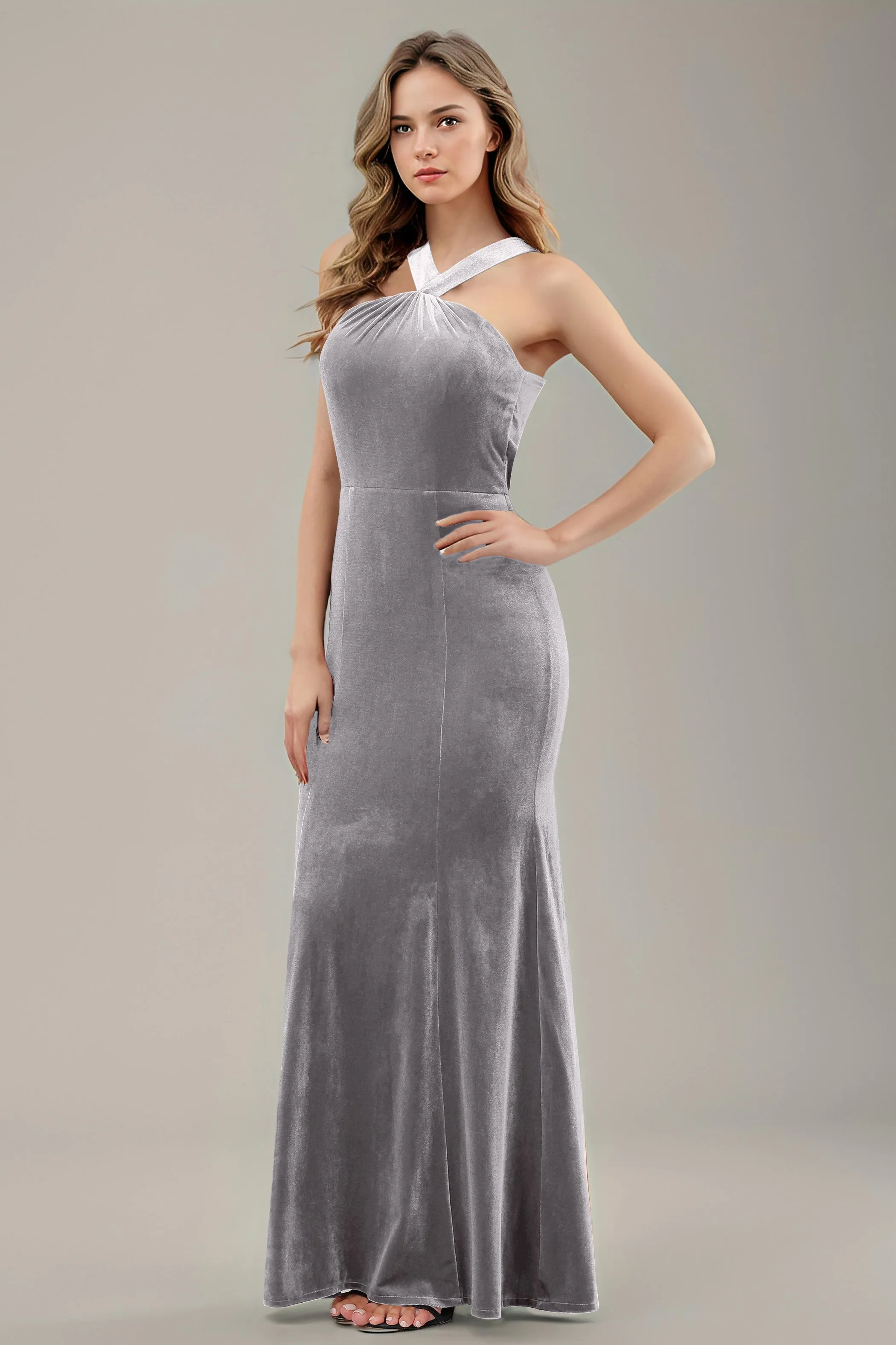 Sheath Halter Sleeveless Backless Velvet Bridesmaid Dresses