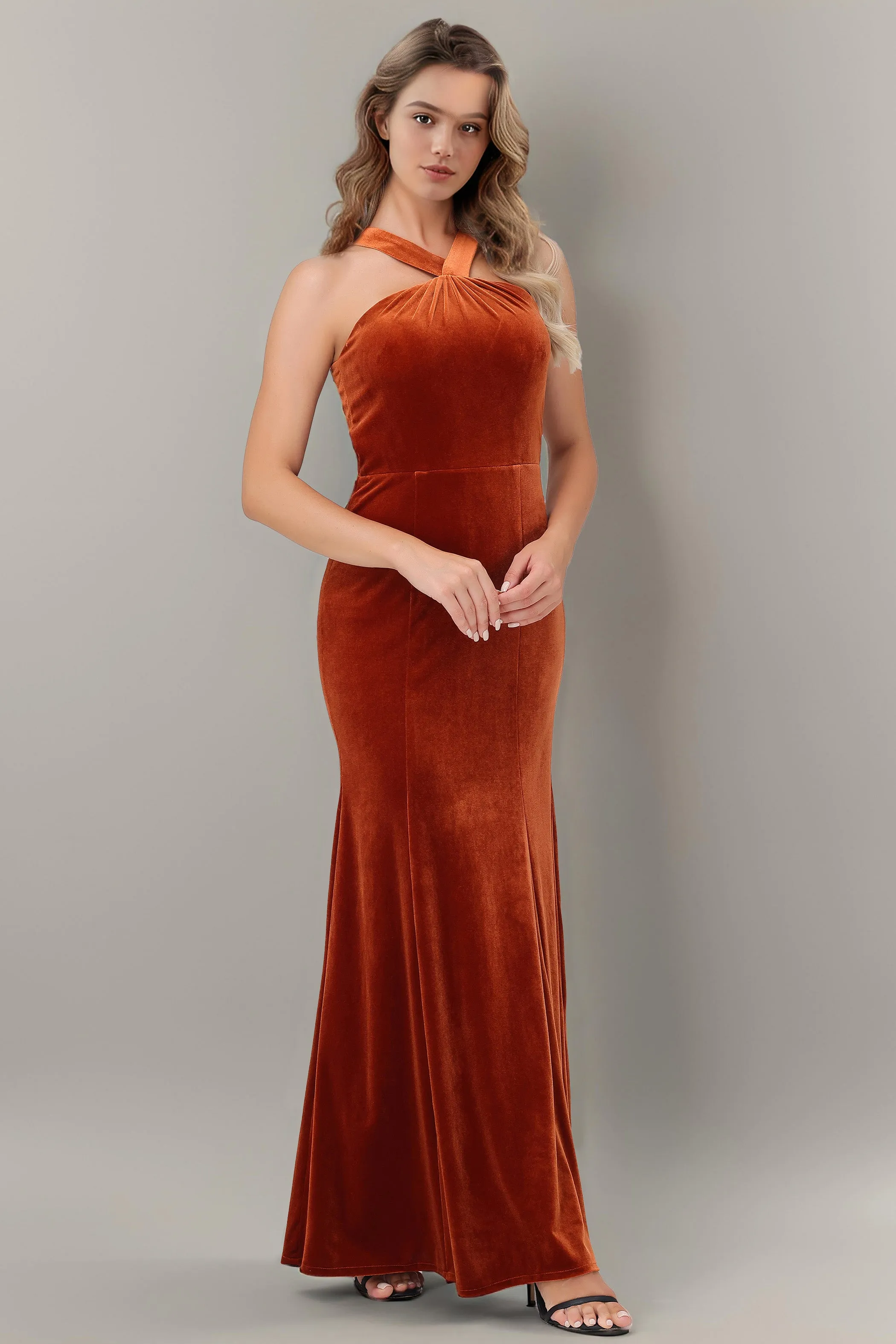 Sheath Halter Sleeveless Backless Velvet Bridesmaid Dresses