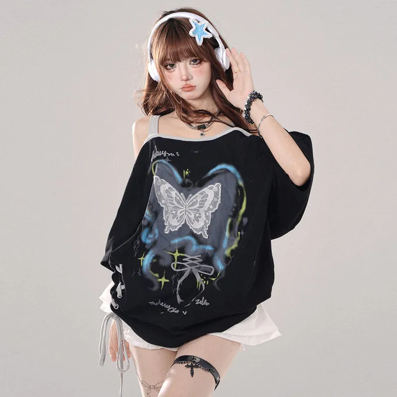 Summer Sweet Cool Girl Style Butterfly Print Off-shoulder T-shirt