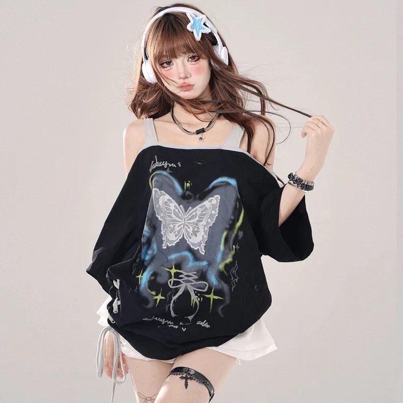 Summer Sweet Cool Girl Style Butterfly Print Off-shoulder T-shirt