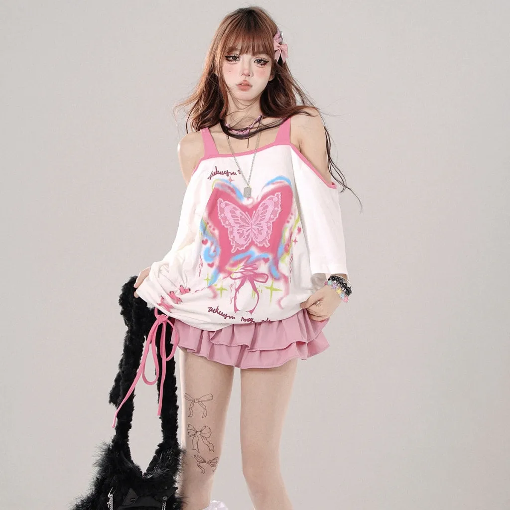 Summer Sweet Cool Girl Style Butterfly Print Off-shoulder T-shirt