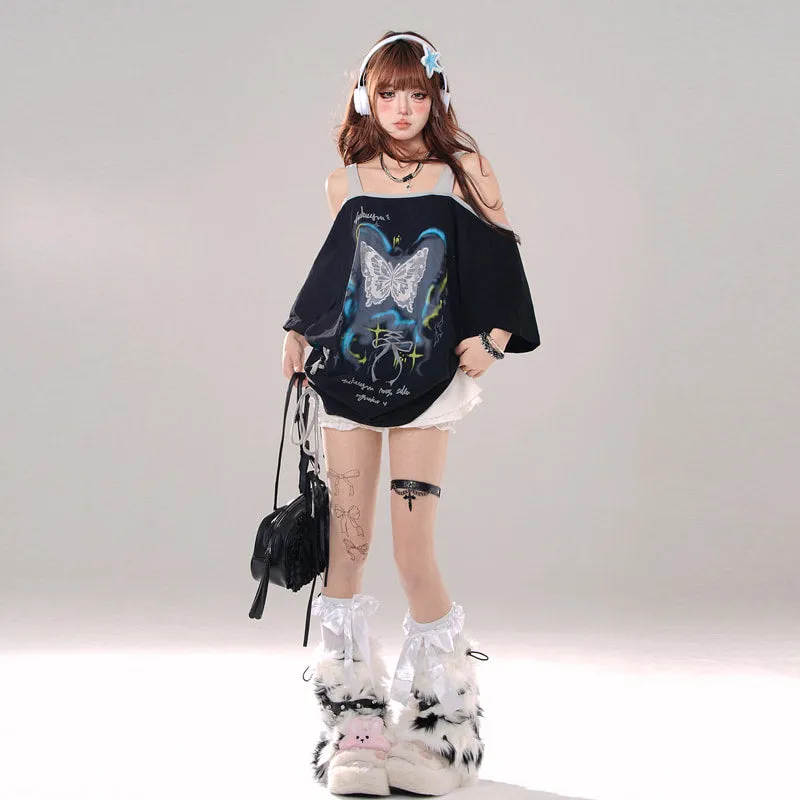 Summer Sweet Cool Girl Style Butterfly Print Off-shoulder T-shirt