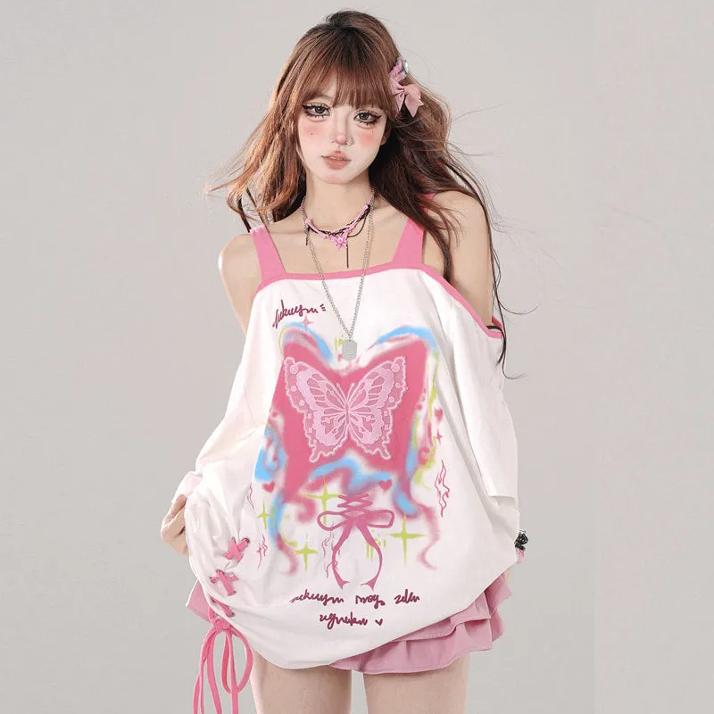Summer Sweet Cool Girl Style Butterfly Print Off-shoulder T-shirt