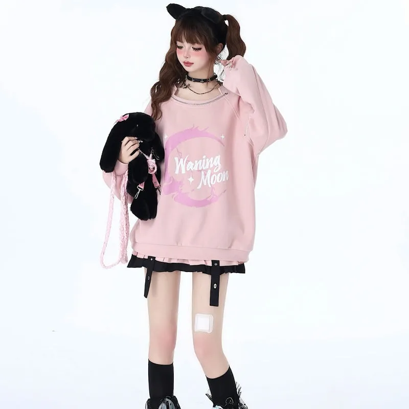 Sweet Cool Cartoon Print Pink Off-shoulder Sweatshirt