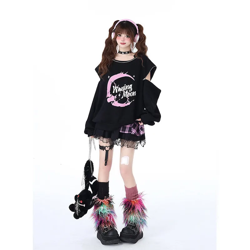 Sweet Cool Cartoon Print Pink Off-shoulder Sweatshirt