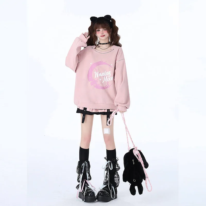 Sweet Cool Cartoon Print Pink Off-shoulder Sweatshirt