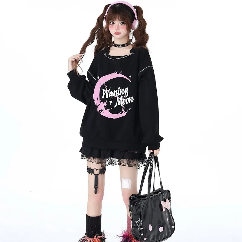 Sweet Cool Cartoon Print Pink Off-shoulder Sweatshirt