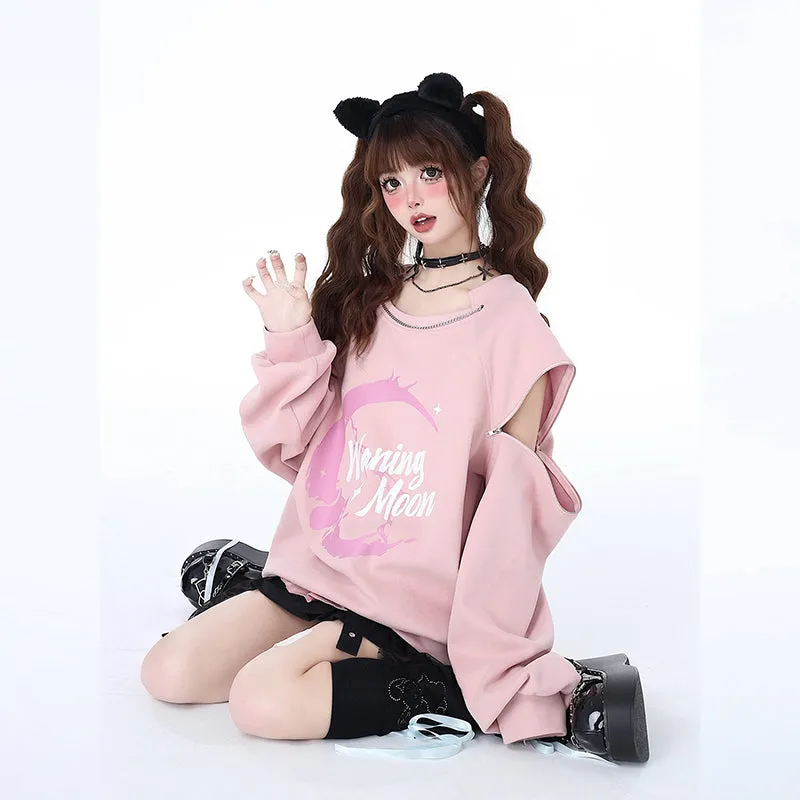 Sweet Cool Cartoon Print Pink Off-shoulder Sweatshirt