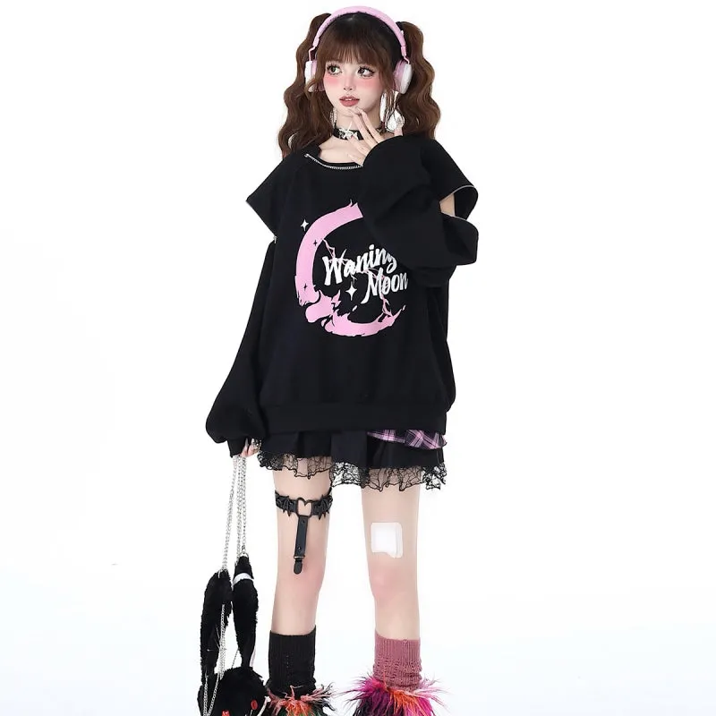 Sweet Cool Cartoon Print Pink Off-shoulder Sweatshirt