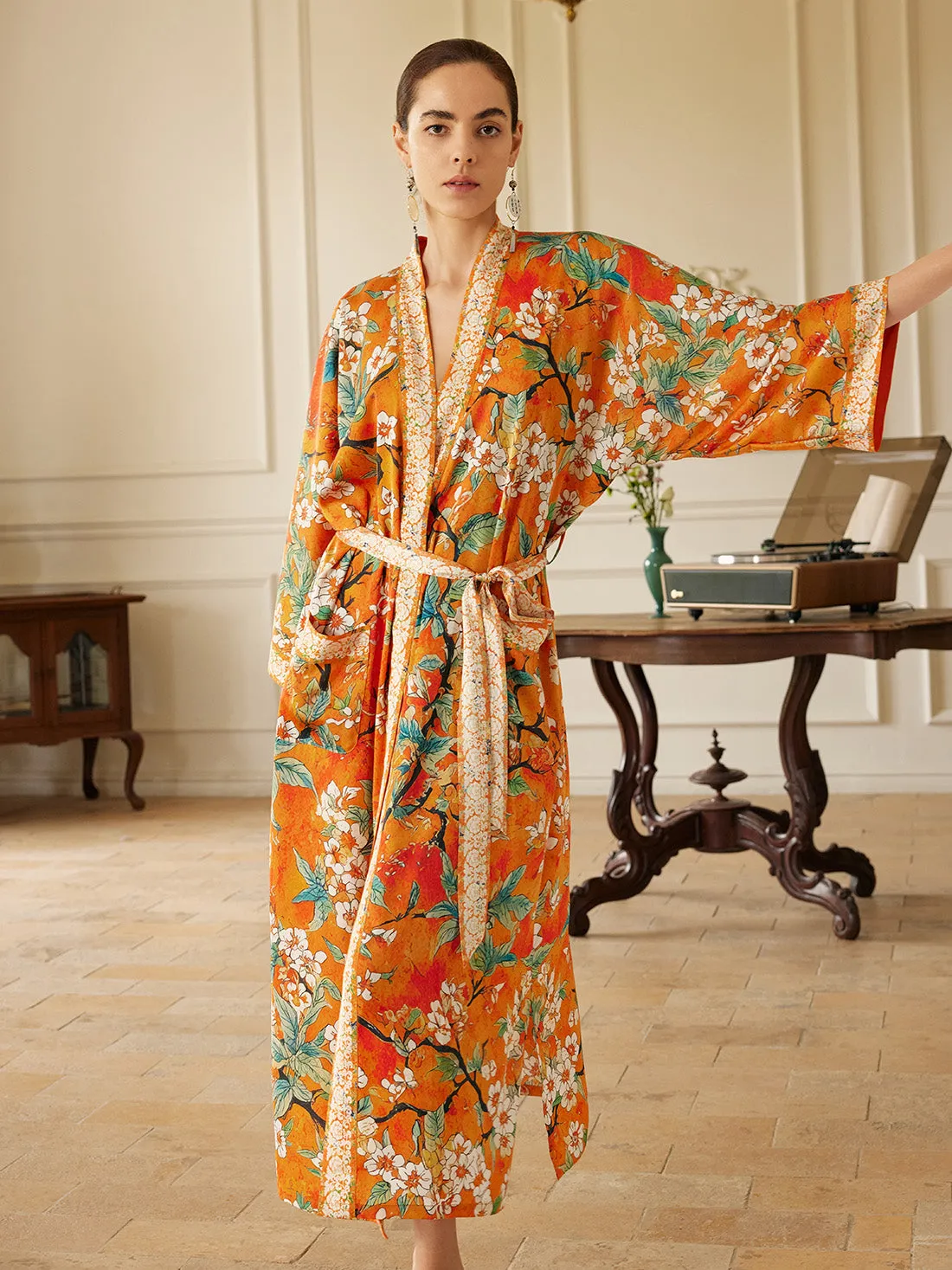 Vintage Orange Enamel Camellia Floral Kimono Robe with Pockets